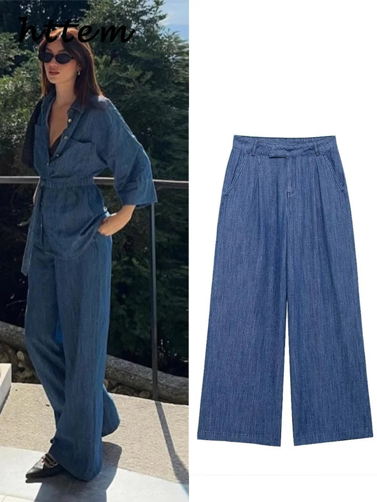 Aiertu  -  Elegant Women's Baggy Jeans Fashion High Waist Pocket Wide Leg Female Trouser 2025 Spring Lady Casual All-match Denim Pant New Aiertu