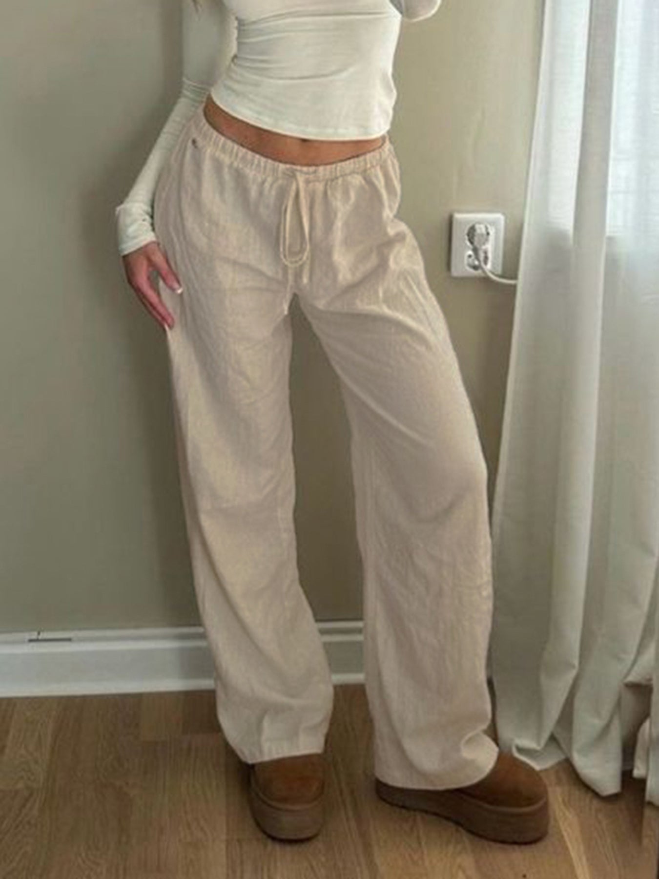 Aiertu - summer inspo Hot Solid Loose Casual Boho Straight Leg Pants For Women Simple Lazy Comfortable Summer Vacation Trousers Aiertu