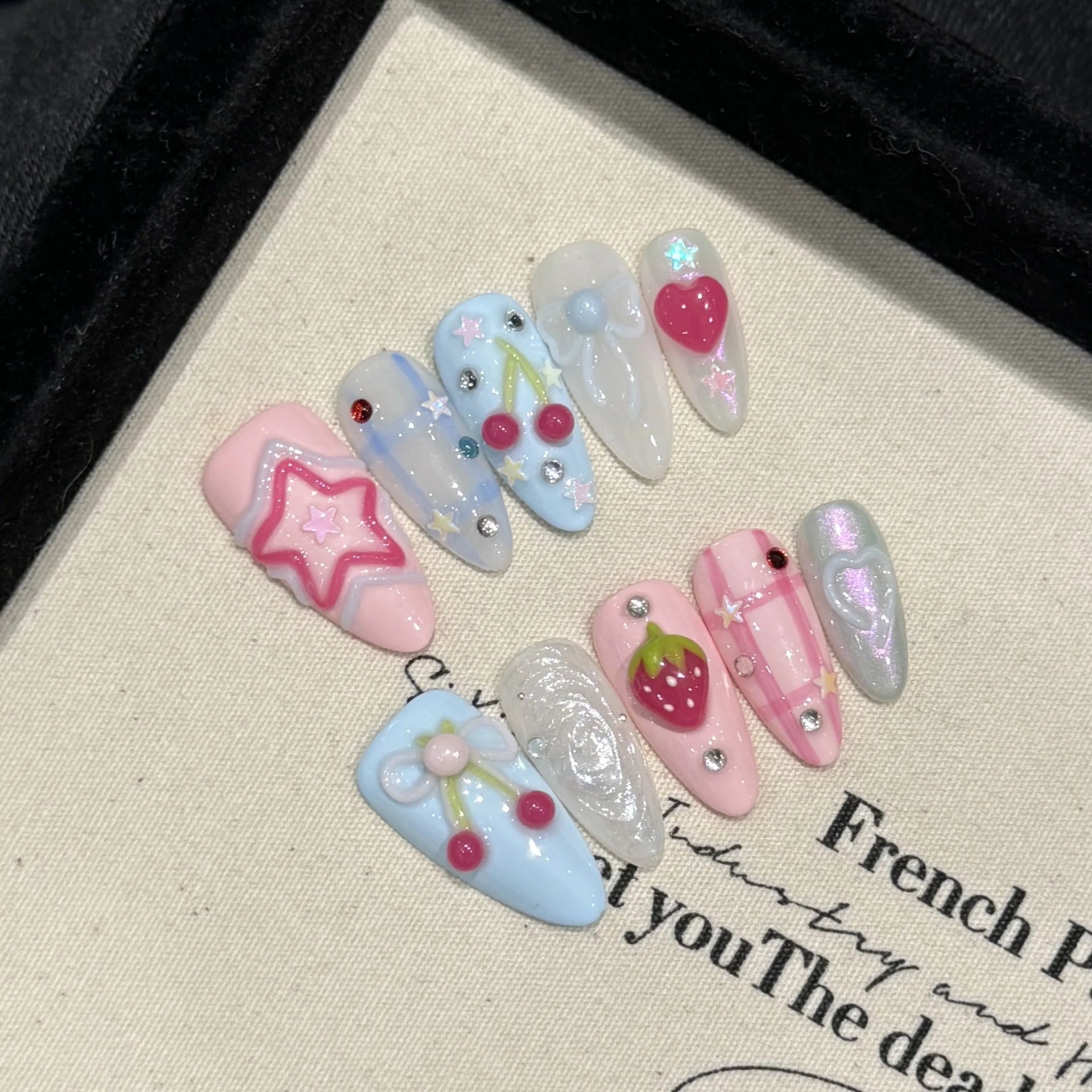 Aiertu 10Pcs Pink Handmade Press on Nails Full Cover Bow Tie Rhinestone Design French Almond Fake Nails Wearable Manicure Nail Tips Art Aiertu