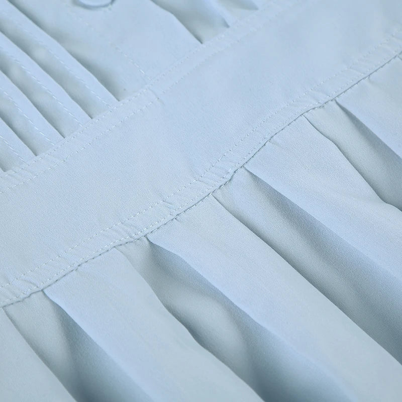 Aiertu  -  Fashion Solid Ruched Button A-Line Pleated Women Dresses Puff Sleeve Slim Fit Design Summer Sweet Frocks Aiertu
