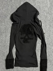 Aiertu  -  Y2k Aesthetic Fur Patchwork Long Sleeve T-shirt Women Gothic Punk Hooded Drawstring Tshirts Grunge Print Slim Fit Vintage Tees Aiertu