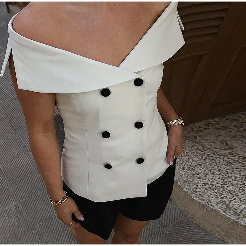 Aiertu  -  Slim Off Shoulder Double-breasted Waistcoat Women Sexy Sleeveless Vest 2026 Summer Autumn Ladies Fashion Elegant Tops Streetwear Aiertu
