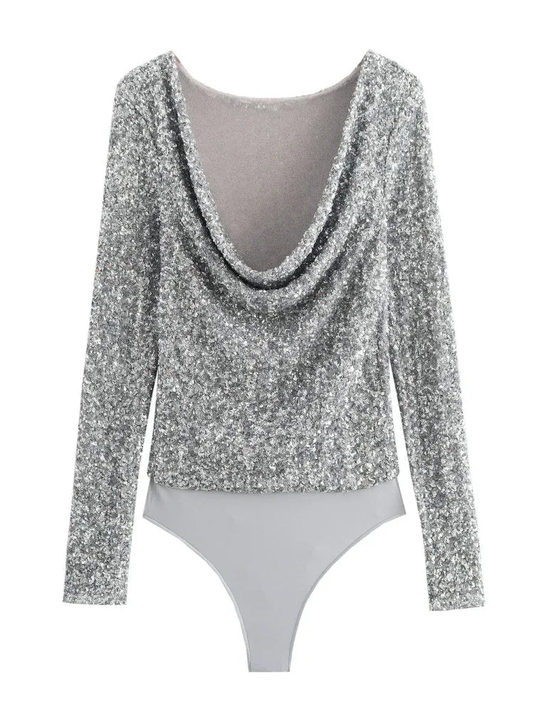 Aiertu  -  Party Silver Sequins Bodysuit Women Club Fashion Sexy Cowl Neck Long Sleeve Shiny Bodycon One Piece Vacation Beach Top Aiertu