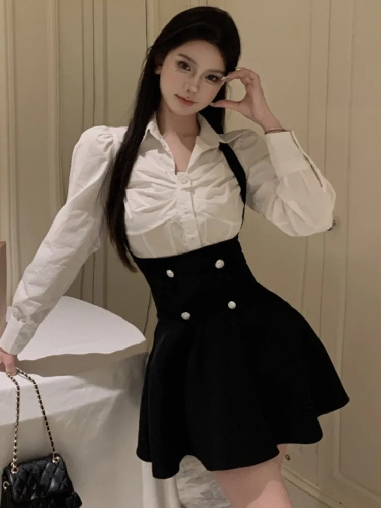 Aiertu 2025 spring fashion trend Korean Women Cropped Coat Long Sleeve Shirt High Waist Halter Ruffles Mini Dress Chic Fashion Sexy Outfits Y2K 3 Piece Set  New Aiertu