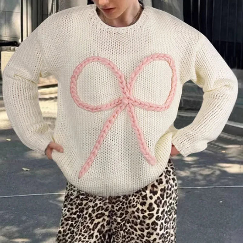 Aiertu  -  Bows Long Sleeve Knitted Sweater For Women Casual Loose O Neck Crochet Pullovers Winter New Female Splice Sweater Top Aiertu