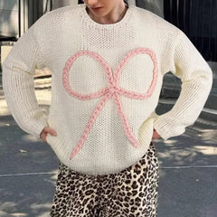 Aiertu  -  Bows Long Sleeve Knitted Sweater For Women Casual Loose O Neck Crochet Pullovers Winter New Female Splice Sweater Top Aiertu