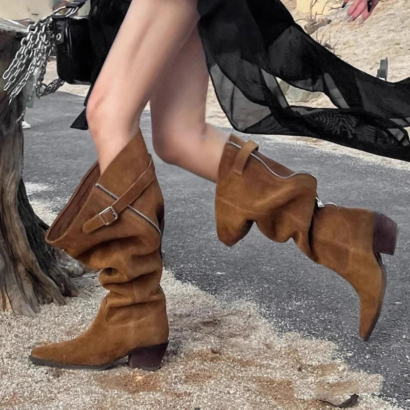 Aiertu  -  Designer Pointed Toe Western Cowboy Boots Women Chunky Heel Retro Belt Buckle Knight Boots Fashion Mujer Luxury Long Botas New Aiertu