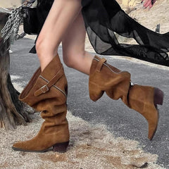 Aiertu  -  Designer Pointed Toe Western Cowboy Boots Women Chunky Heel Retro Belt Buckle Knight Boots Fashion Mujer Luxury Long Botas New Aiertu