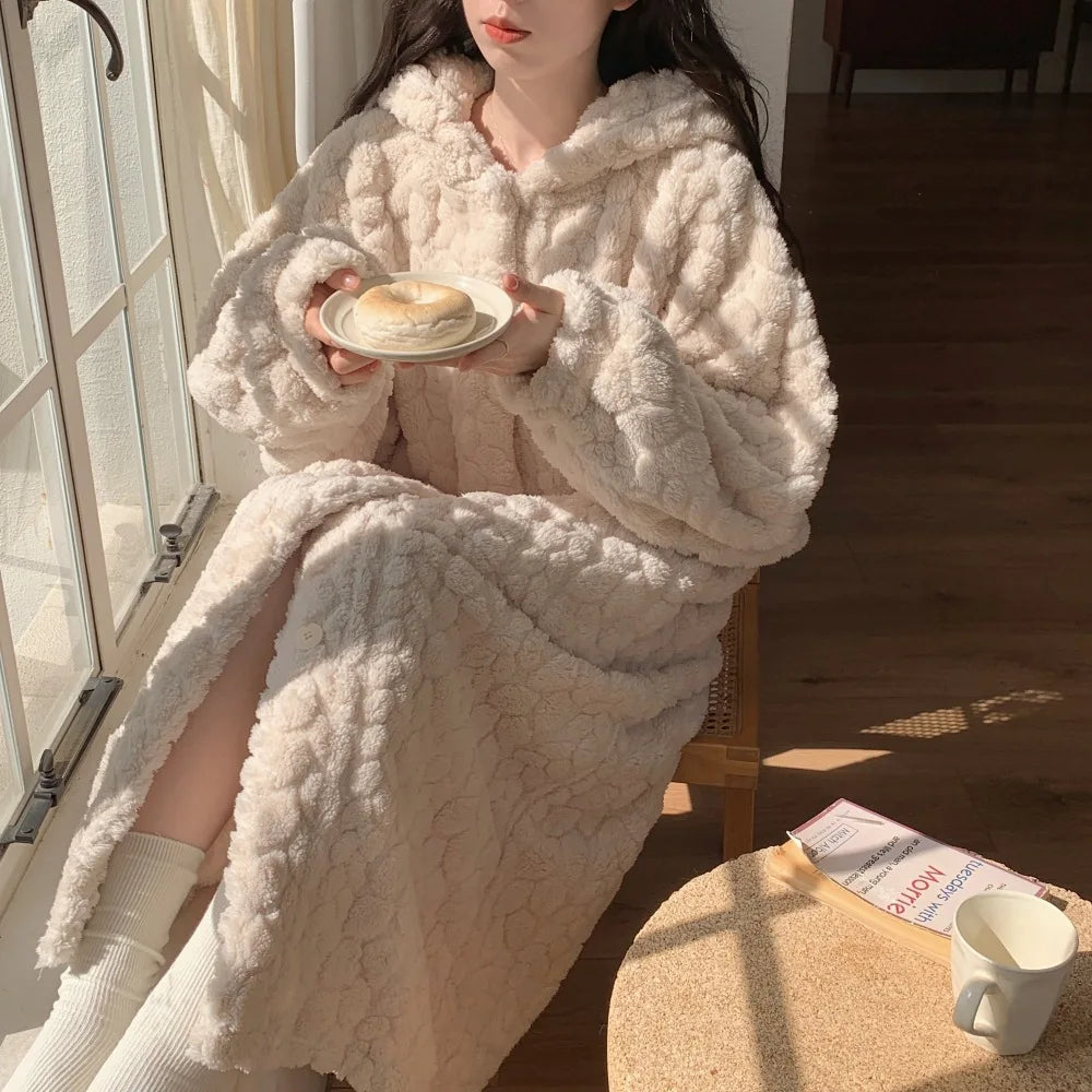 Aiertu  -  New Cute Womens Plush Soft Robe Fluffy Long Warm Fleece Bathrobe Winter Girls Sweet Fleece Robe Sleepwear Plush Thick Nightgown Aiertu