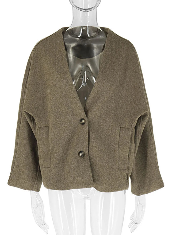 Aiertu  -  V-neck Single Breasted Women Coat Gray Long Sleeve Pocket Short Jacket Female Winter Loose Casual Streetwear Aiertu