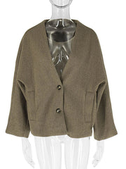 Aiertu  -  V-neck Single Breasted Women Coat Gray Long Sleeve Pocket Short Jacket Female Winter Loose Casual Streetwear Aiertu