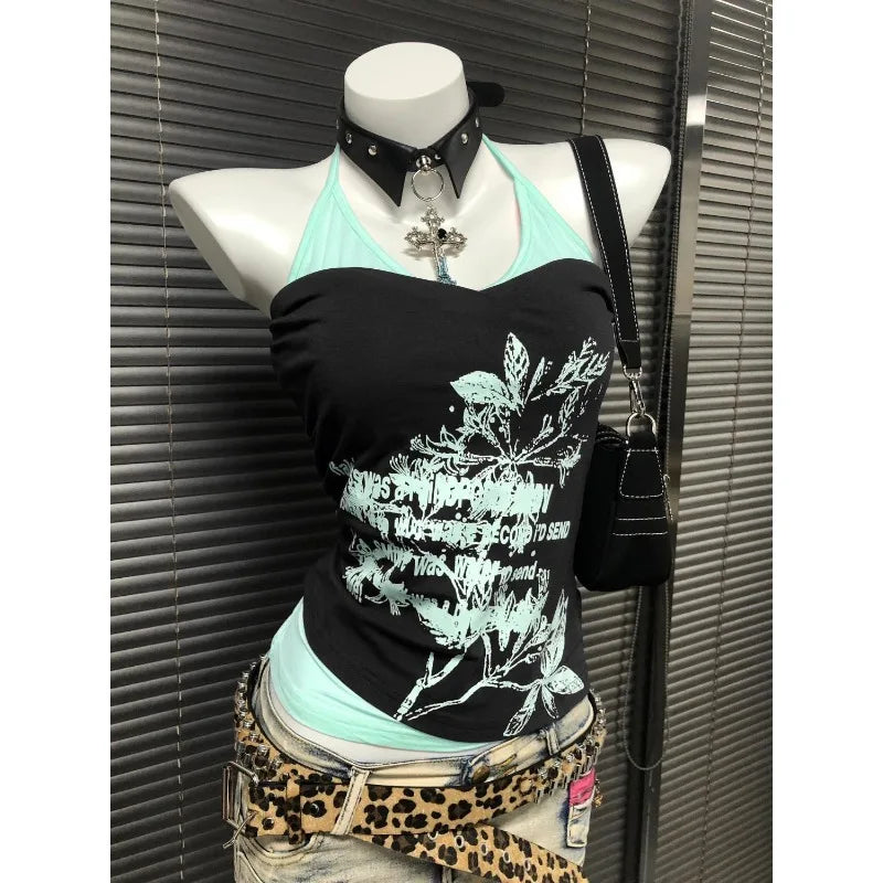 Aiertu  -  Harajuku aesthetic flower letter printing suspender design sleeveless T-shirts women cotton high-quality hip-hop versatile tops Aiertu