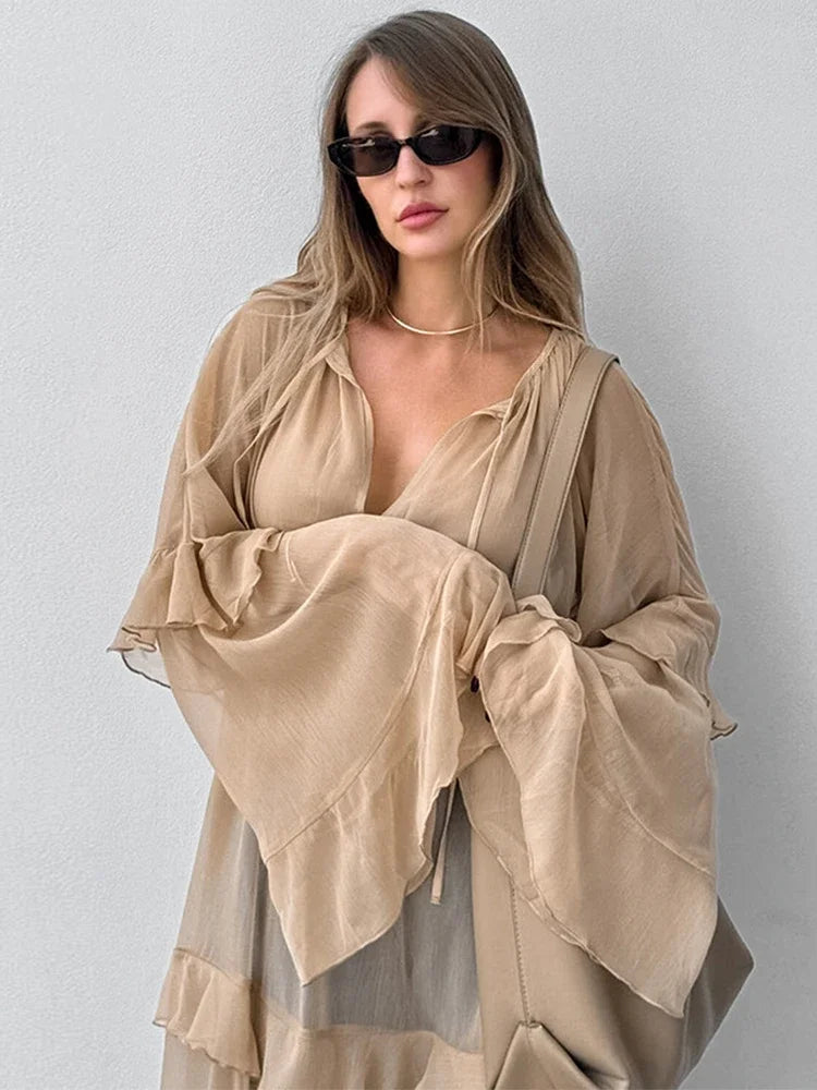 Aiertu  -  Fashion Oversized Cover Up Dress Women 2025 V Neck Loose Streetwear Casual Long Sleeve Maxi Dress Femme Ruffle Dresses Aiertu
