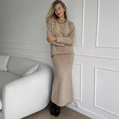 Aiertu     -  Fall Outfits 2026 Cozy Knit Pullovers Skirt Set Women Solid O-neck Full Sleeve Sweater High Waist Long Skirt 2026 Autumn Winter New Lady Knitwear Aiertu