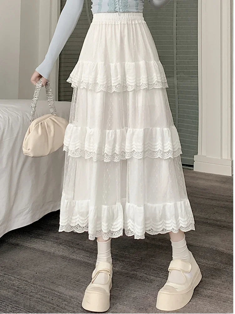 Aiertu  -   party look snspos White Black Mid Long Skirt Women Crochet Lace Skirt Goth Lolita Summer High Waist High Low Ruched Ruffle Pleated Skirts rok Aiertu