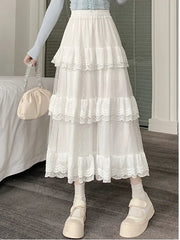 Aiertu  -   party look snspos White Black Mid Long Skirt Women Crochet Lace Skirt Goth Lolita Summer High Waist High Low Ruched Ruffle Pleated Skirts rok Aiertu