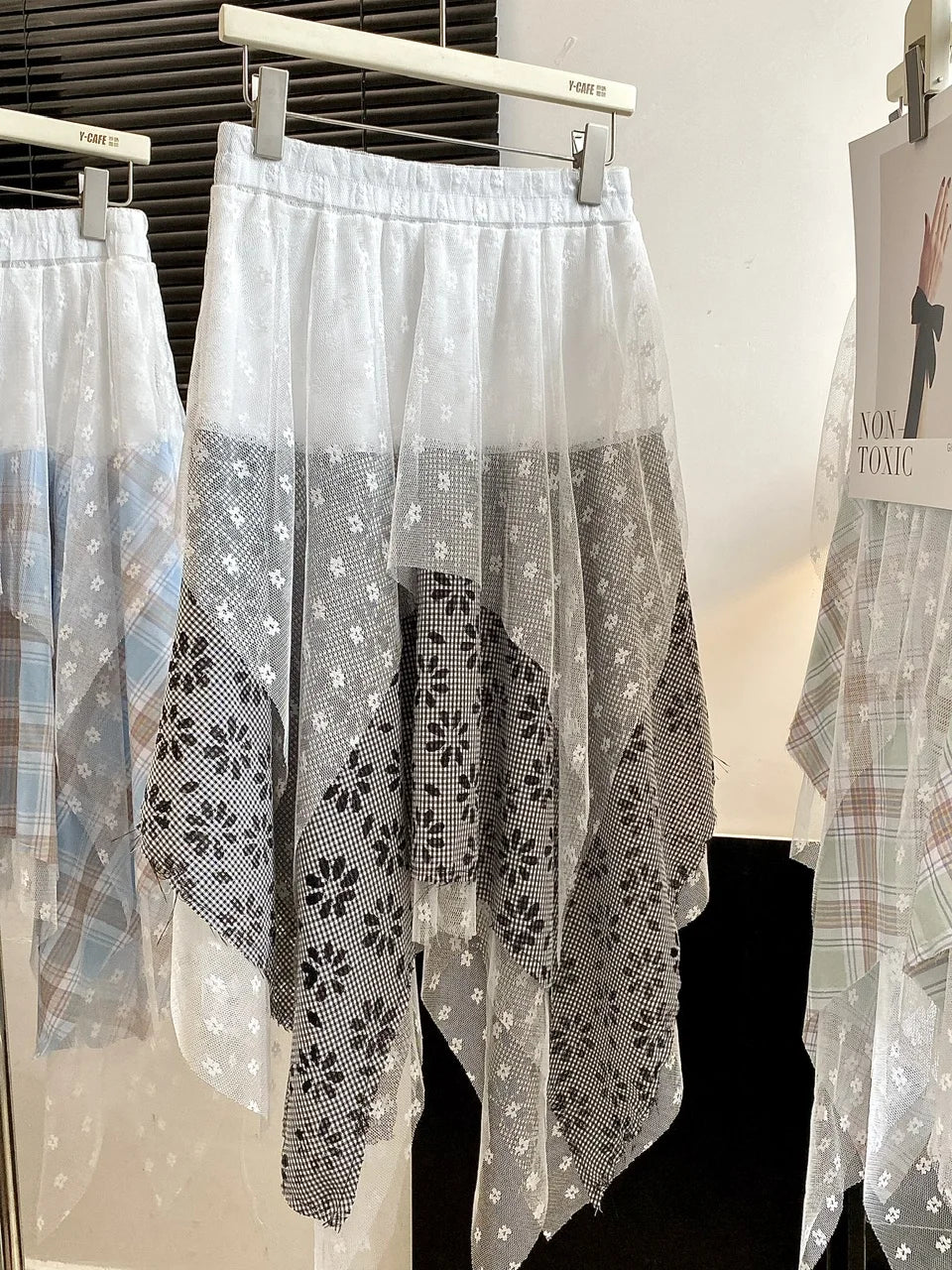 Aiertu  -  Sweet Girl Lace Mesh Skirt Women's Spring Elastic Waist Irregular Plaid A-line Long Skirt Fashion Female Clothes Aiertu