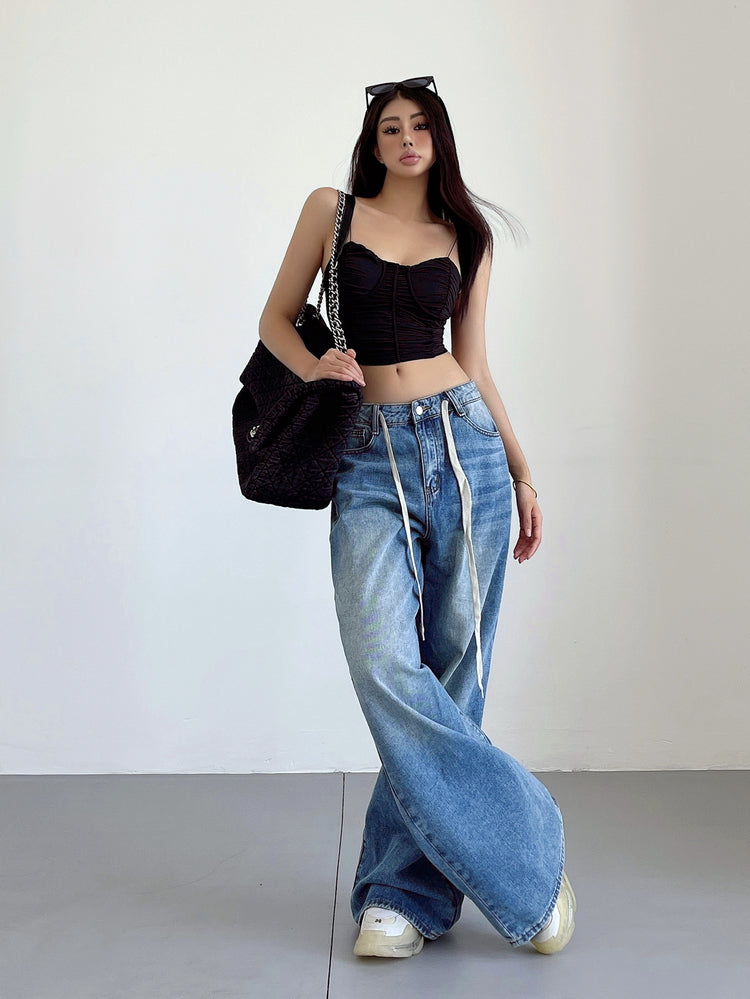 Aiertu Denim Blue Washed Low Rise Straight Leg Jeans Pants Aiertu