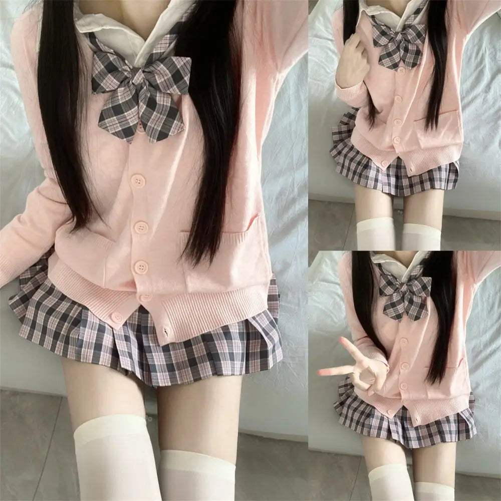 Aiertu 3Pc Set Japanese Korean School Uniforms Multicolor Sweater&Plaid Pleat Skirt with Bow Jk Uniform Suit Graduation Costumes Women Aiertu