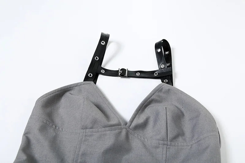 Aiertu  -  V-neck Fold Suspender Dress For Women Belt Buckle Backless Sexy Bodycon Mini Dress A-line High Waist  Party Dress Ladies Aiertu
