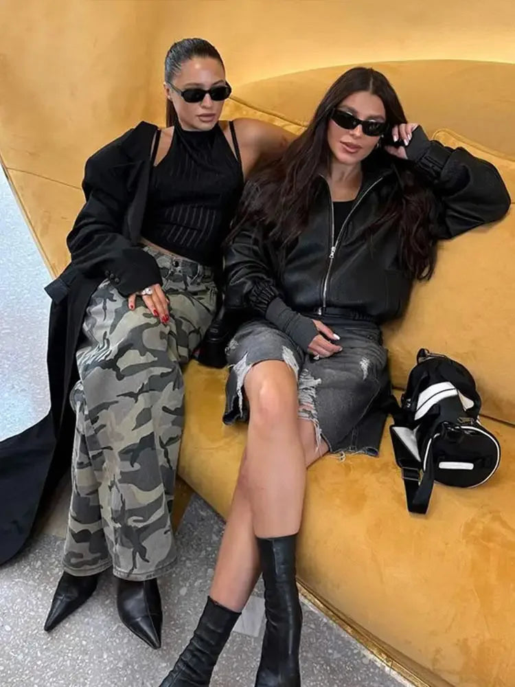 Aiertu  -  Fashion Black Zipper Pocket Lapel Bomber Jacket Casual Long Sleeved Pu Leather Jackets 2026 Autumn High Street Outerwear Aiertu