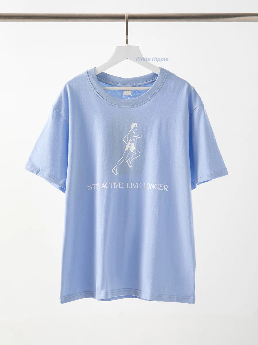 Aiertu  -   Sporty Letter Print T-shirt Women Round Neck Cotton Cozy Casual Short Sleeve Tees 2026 Summer New Classic Fashion T-shirts Aiertu