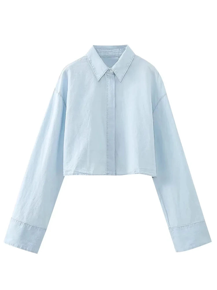 Aiertu  -  Single Breasted Sky Blue Short Shirt Women Long Sleeve Turn Down Collar Cotton Crop Top Blusa Mujer New Autumn Spring Aiertu
