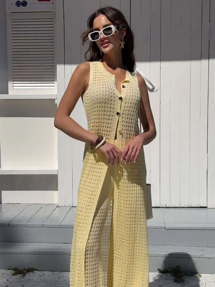 Aiertu  -  Knit Vest Cardigan Beach Dress Long Pants 2 Pieces Sets For Women Hollow Out Sexy See Through Cardigan Long Pants Sets Aiertu