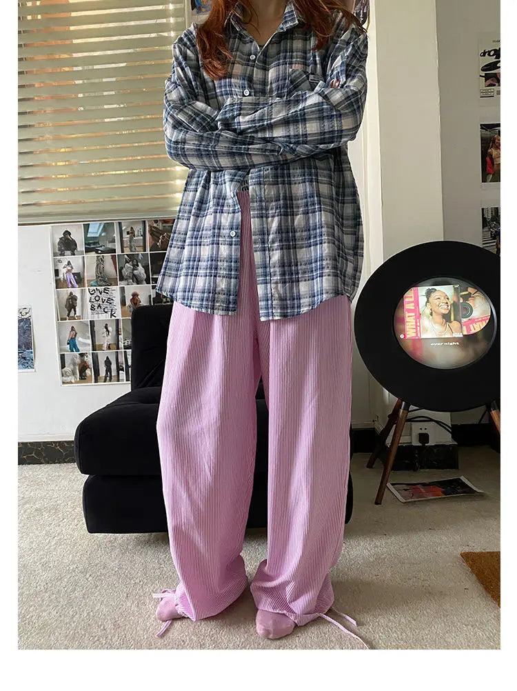 Aiertu  -  Blue Stripe Pants Women Y2k Fake Two Piece Wide Leg Sweatpants Baggy Kpop Sport Trousers Hip Hop Harajuku Summer Bottoms Aiertu