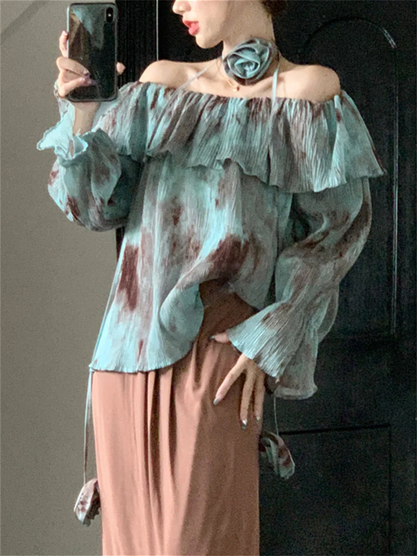 Aiertu  -  Blue Retro Blouses Daily Tie-Dying Ruffles Autumn Chic Loose Slash Neck Slim Office Lady Full Sleeve Ruffles Aiertu