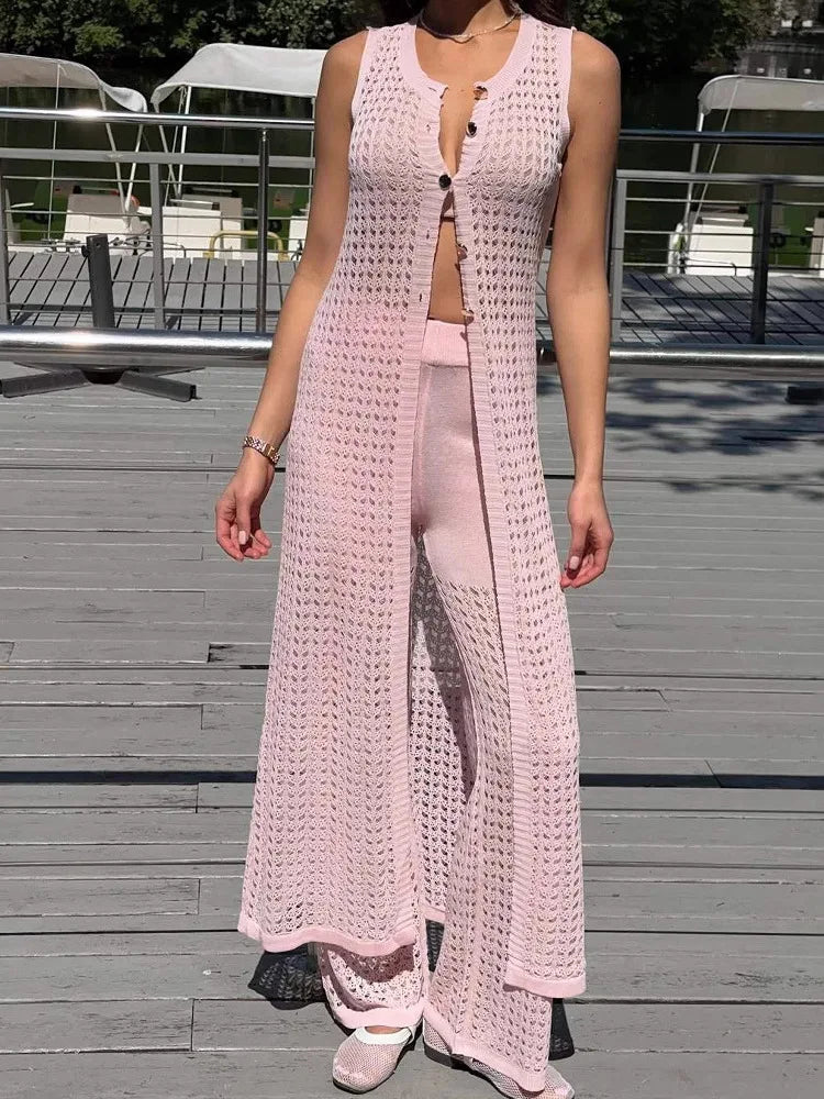 Aiertu  -  Knit Vest Cardigan Beach Dress Long Pants 2 Pieces Sets For Women Hollow Out Sexy See Through Cardigan Long Pants Sets Aiertu