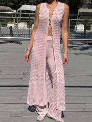 Aiertu  -  Knit Vest Cardigan Beach Dress Long Pants 2 Pieces Sets For Women Hollow Out Sexy See Through Cardigan Long Pants Sets Aiertu
