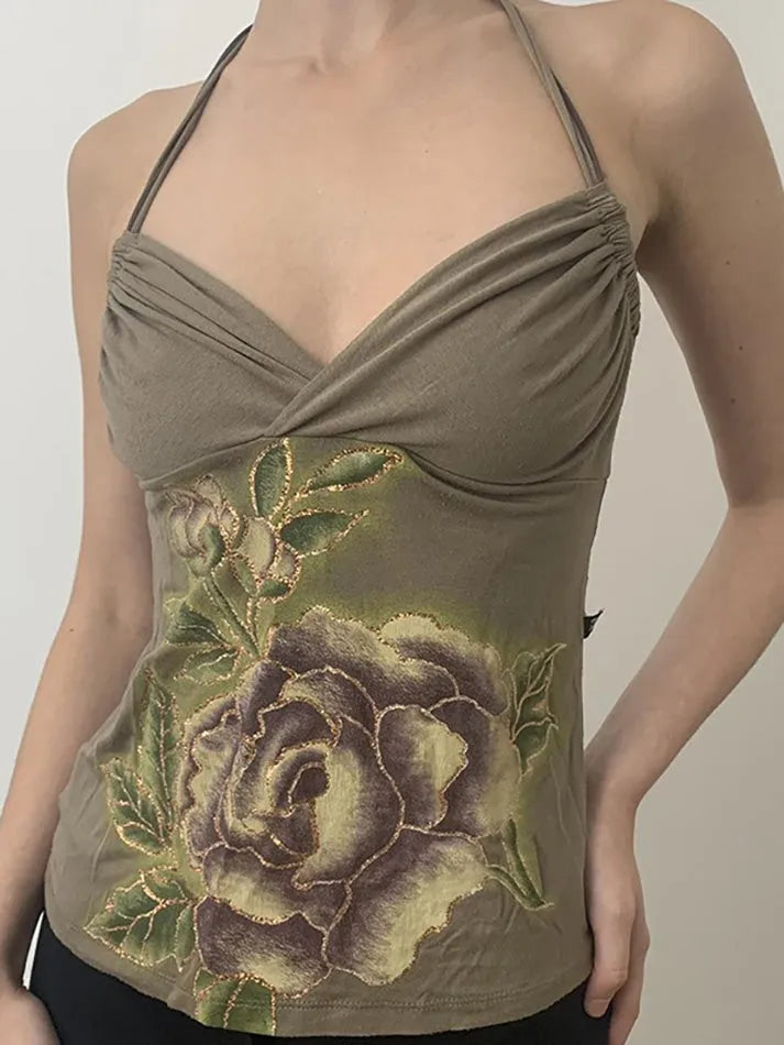 Aiertu  -Vintage Print Drawstring Halter Backless Top aiertu