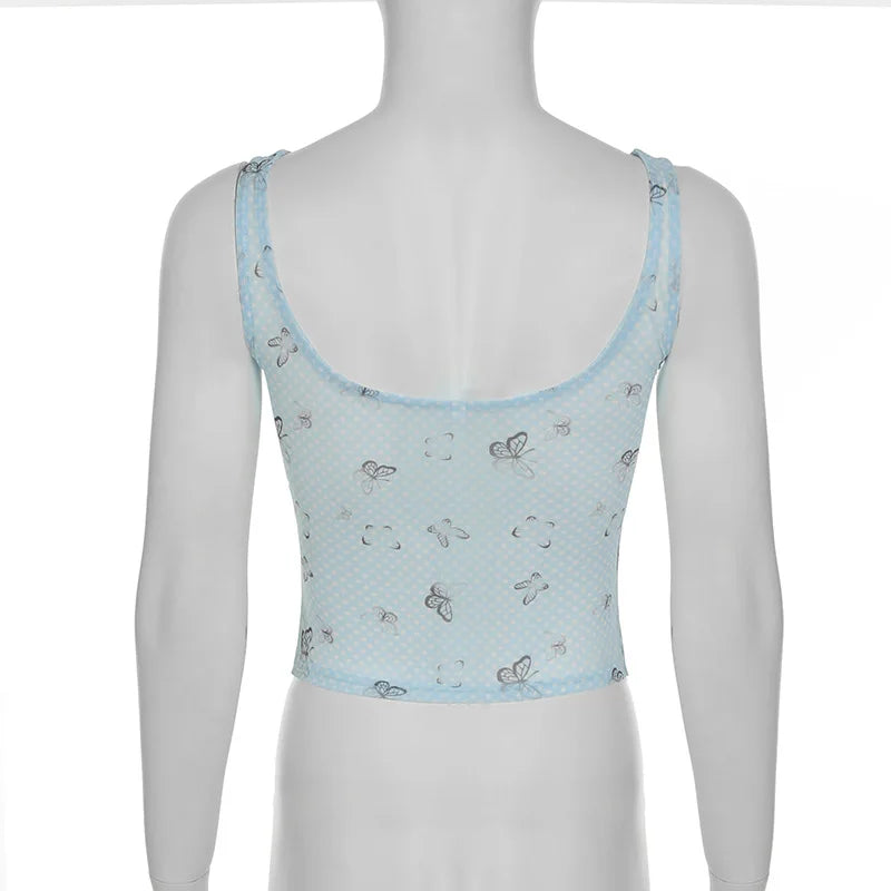 Aiertu  -  Spring Dream Blue Butterfly Printing Contrast Color Mesh Splicing Waist Strap Design Pure Desire Sling Vest Y2K Aiertu