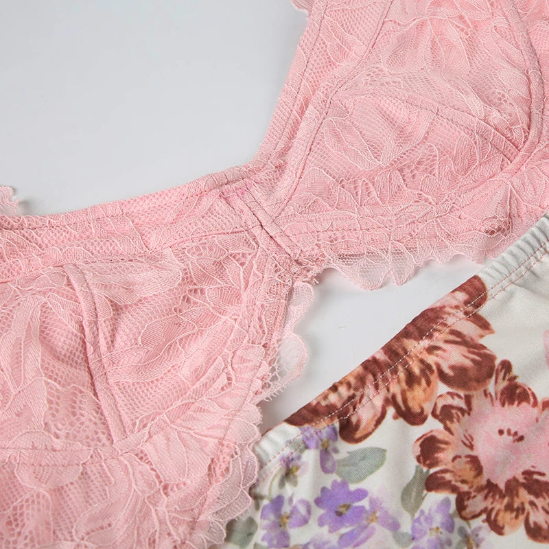 Aiertu  Flower Print Lace Trim Cut Out Camisole Dresses Sleeveless Spliced Skinny Side Split Sexy Elegant Frocks Aiertu