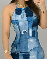 Aiertu Women's Dresses Summer Fashion Denim Look Print Casual Halter Backless Sleeveless Daily Mini Tied Detail Vacation Dress Aiertu