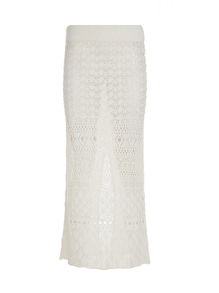 Aiertu  -Hollow-Out Low-Rise Sheer Slit Maxi Skirt aiertu