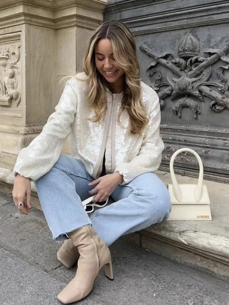 Aiertu  -  2026 O-neck Sequins Bomber Jackets for Women Autumn Fashion Zip-up Long Sleeve White Coats Streetwear Female Tops Outerwears Aiertu