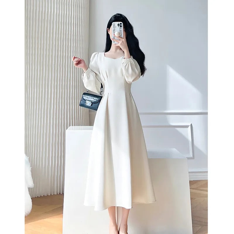 Aiertu Vintage White Midi Dresses for Women New Autumn Elegant Fashion Square Neck Long Sleeves Bride Wed Female Clothing Aiertu