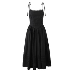Aiertu  -  2025 Women Sexy Spaghetti Straps Black White Midi Long Dress Lace Trim Low Waist A-line Elegant Lady Dresses Summer Cotton Robe Aiertu