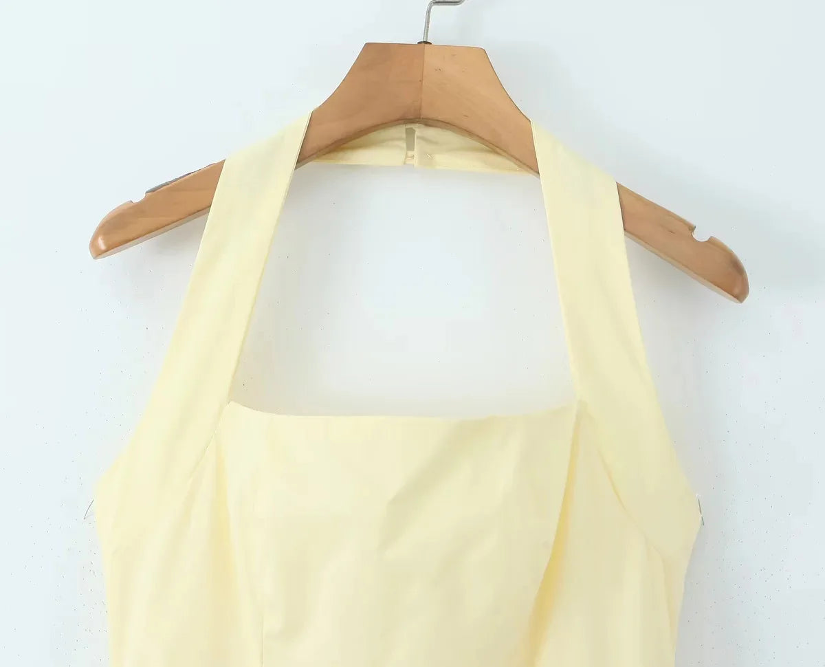 Aiertu  -  Summer Halter Dress Women Luxury Evening Party Mini Dresses Elegant Bodycon Dress Ruffle Tank Dress Fish Bone Ruched Yellow Aiertu