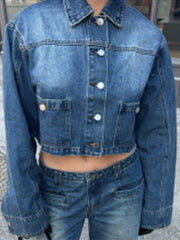 Aiertu  -  Lapel Single-breasted Woman's Denim 2 Piece Sets Vintage Soild Waistless Denim Short Tops Straight Baggy Low Rise Jeans Pants Aiertu