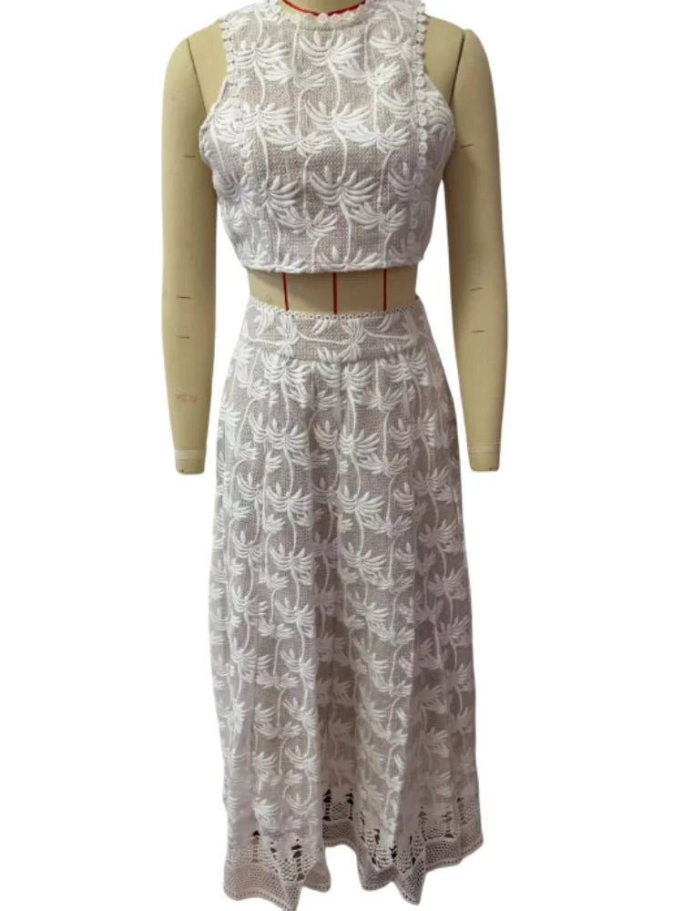 Aiertu  -  Embroidery Hook Flower Hollow White Dresses Sets Women Elegant Sleeveless Tops Skirts Two Piece Sets Female Holiday Party Dress Aiertu
