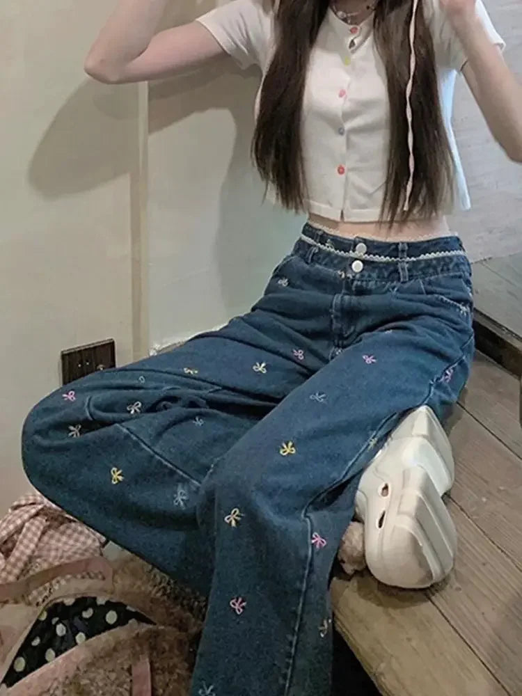 Aiertu  -  American Vintege Double Headed Colorful Bow Jeans Femme Autumn Sweet Sexy High Waist Slimming Streetwear Pants Aiertu