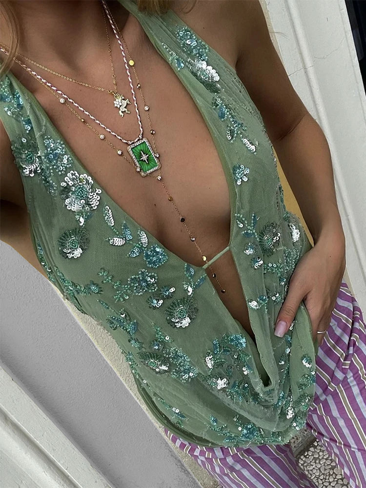 Aiertu  -  Sexy Deep V Neck Beach Tank Top Hot Girls 2025 Summer Sequins Patchwork Sleeveless Vest Women Vacation Sexy Backless Top Aiertu