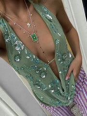 Aiertu  -  Sexy Deep V Neck Beach Tank Top Hot Girls 2025 Summer Sequins Patchwork Sleeveless Vest Women Vacation Sexy Backless Top Aiertu