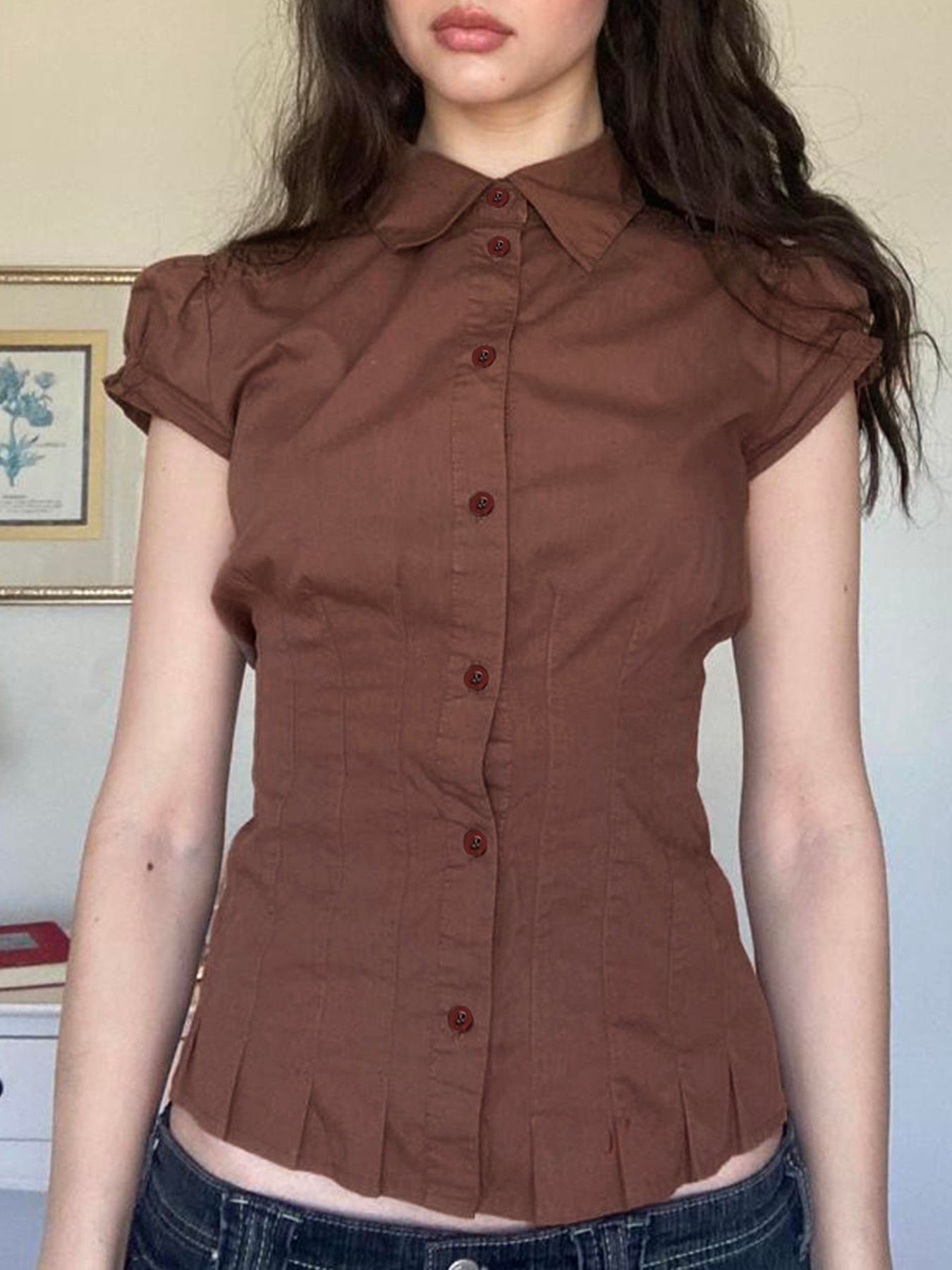 Aiertu - summer inspo American Retro Preppy Brown Shirts Women Button Up Turn Down Collar Puff Sleeve Shirring Pleated Hem Slim Casual Tops Aiertu