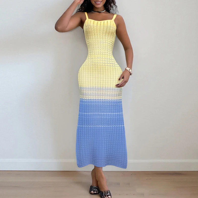 Aiertu  -  Lady Casual Summer O-neck Suspender Dress Beach Holiday Backless Knitted Long Dress Gradient Striped Printed Slim A-line Dress Aiertu