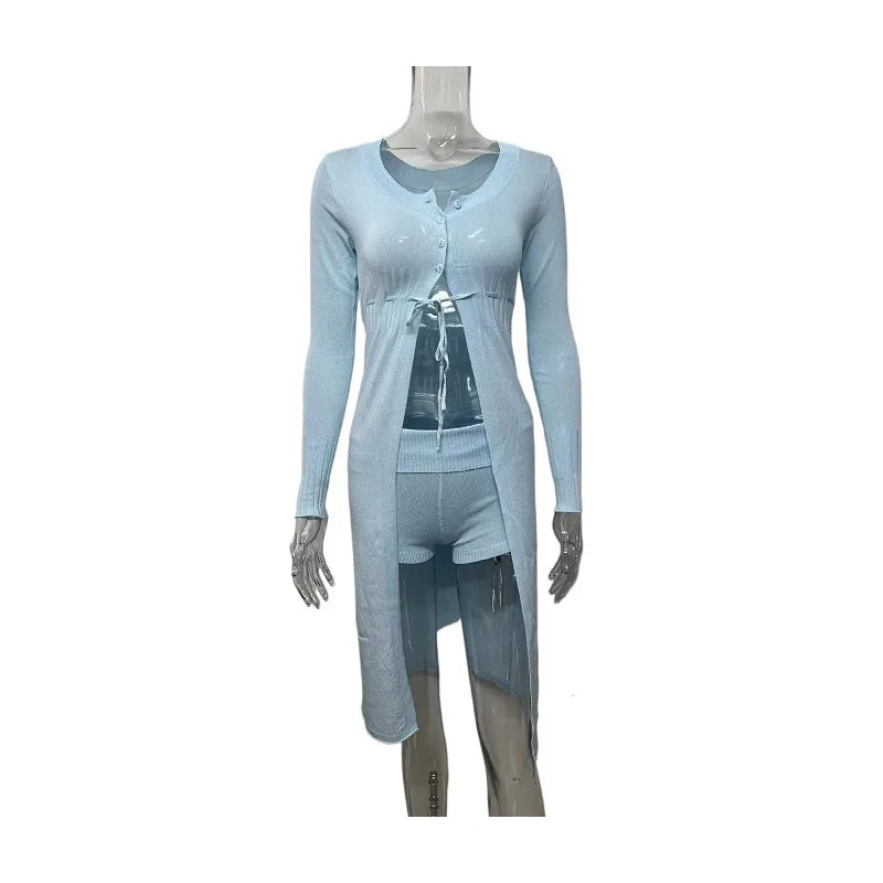 Aiertu  -  Fashion Vacation Summer Outfits 2pc Lace-up Knit Long Cardigan Top And Tight Shorts Set Spring Chic Sexy Beach Tees Pant Set New Aiertu