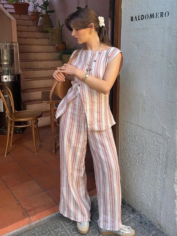 Aiertu  -  Elegant Striped Print Vest Pants Set Women Asymmetric Single Breasted Tops Wide Leg Trouser 2026 Summer Lady Casual Outfits Aiertu